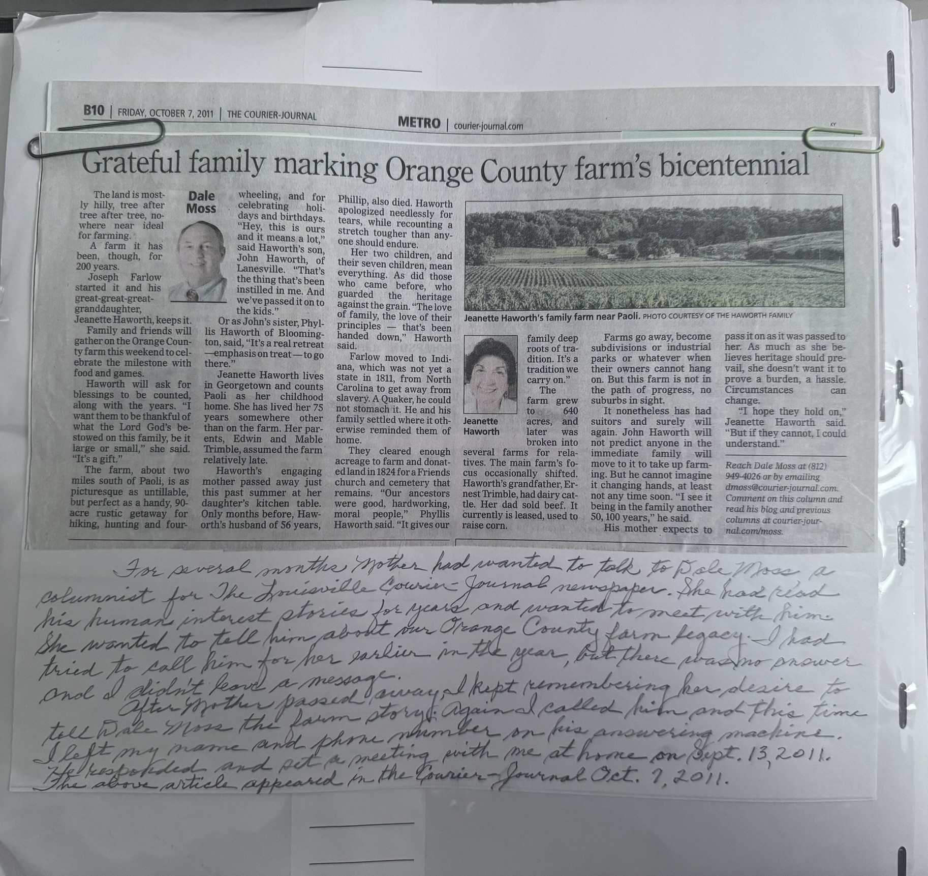Courier-Journal article — Grateful family marking Orange County farm's bicentennial, October 2011