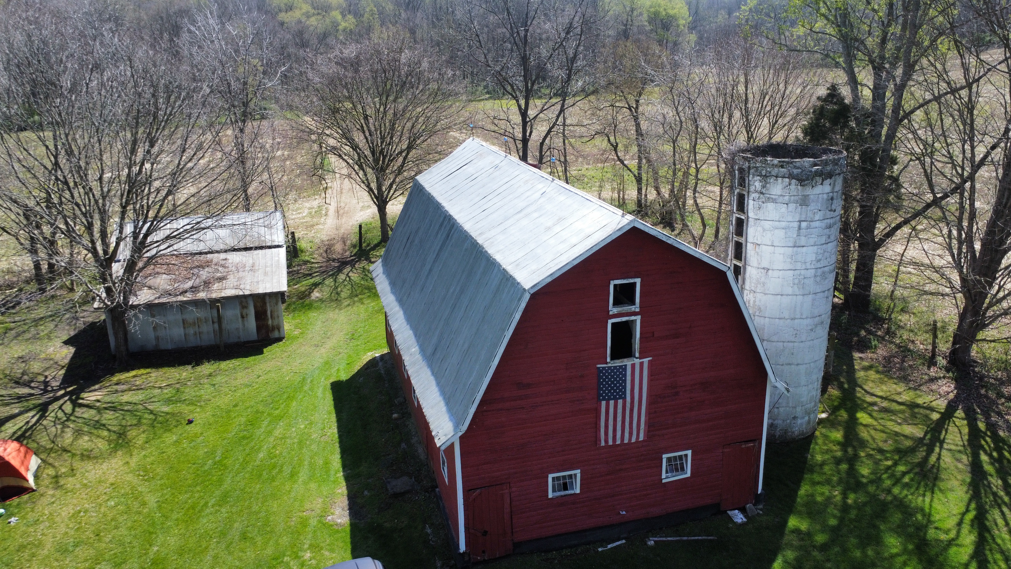 Aerial view of the farm and surrounding fields